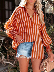 Ingvn - 2023 Spring Fall Lantern Sleeve Striped Shirt Blouse Women Lapel Buttons Loose Shawl Cover-Ups Elegant Beach Bikini Cover Up