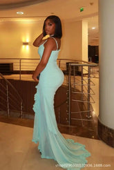 Elegant Solid Irregular Hem Pleated Dress Sexy Backless Off-the-shoulder Spaghetti Strap Vestidos New Lady Banquet Party Gowns
