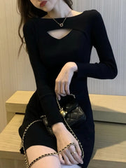 Autumn Hollow Out Knitted Dresses for Women Long Sleeve Solid Bodycon Casual Mini Dress Korean Fashion Vestidos Mujer Knitwear