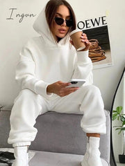 Ingvn - Fashion Casual Fleece Tracksuits Women Solid Warm 2 Piece Set Loose Hoodies And Sweatpants Suit Autumn Winter Sportswear Outfits
