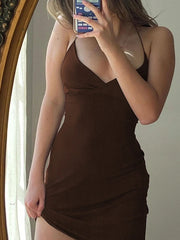 Women Maxi Dress Summer Elegant Solid Sleeveless Nipped Waist Slim Backless Ruffled Irregular Party Dresses StreetwearVintage Brown Women Bodycon Dress Sexy V Neck Sleeveless Party Mini Dresses Solid Basic Backless Stre