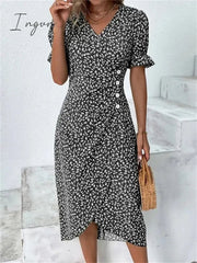 Ingvn - Women's Casual Dress Wrap Dress Floral Dress Floral Button Print V Neck Midi Dress Fashion Classic Daily Holiday Short Sleeve Regular Fit Black Dark Red Yellow Summer Spring S M L XL XXL