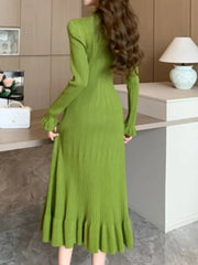 Solid Knitted Dresses for Women Autumn Single Breasted Chic Flared Sleeve Ruffles Hem Casual Female Office Elegant Robes