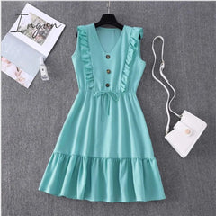 Ingvn - Women Summer Dress Casual Boho Beach Ruffles Mini Dress Party Sexy V-Neck High Waist Female Dresses