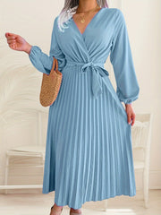 Womens Wrap Tie Dress Casual Fall V Neck Pleated Long Sleeve Solid Flowy Dress For Party Wedding Guest