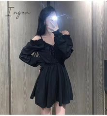 Ingvn - Gothic Black Dress Women Casual Button Lace Evening Party Sexy Mini Dress Female Long Sleeve One-piece Dress Korean Autumn
