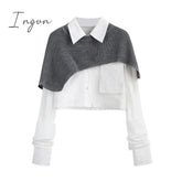 Ingvn - Spring Autumn Fashion Women Two Pieces Sets Long Sleeve Short Blouse Shirt + Solid Knitted Pullover Crop Shawl Sweater Female Tops