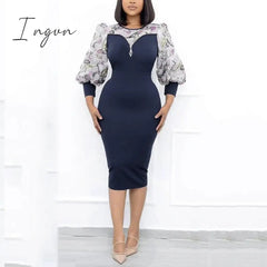 Ingvn - African Fashion Women Dresses Office Style Dot Patchwork Bow High Waist Bodycon Mid Calf Elegant Business Work Wear Vestidos New