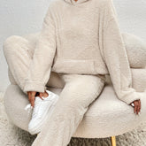 Solid Teddy Two-piece Set, Long Sleeve Kangaroo Pocket Hooded Tops & Long Length Warm Pants Outfits, Women's Clothing
