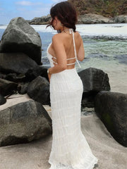 Spring Fashion Patchwork Long Dress For Women Lace-Up Backless High Waist Solid Holiday Beach Dress Ladies Maxi Dress