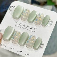 Frosted Mint Green Handmade Nails Spring Cat Eye Short Nails Press on Full Cover Acrylic Nails Art Stick on Tips Accessories