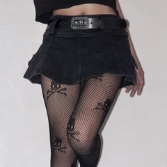 Harajuku Y2k Denim Skirt Women Dark Gothic Streetwear Mini Skirt with Skull Belt Mall Goth Punk Grunge Sexy Emo Clubwear