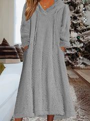 Cozy Plus Size Hooded Fleece Dress with Pockets - Long Sleeve, Drawstring Comfort for Everyday Wear