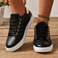 Chic Quilted Sneakers for Women - Comfortable Low-Top Design with Lace-Up Closure, Metallic Accent and Soft Sole for Casual Wear