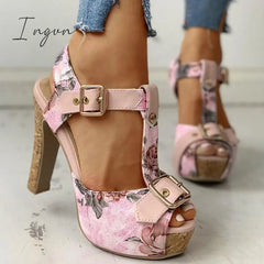 Ingvn - Flower Print Peep Toe Platform Chunky Heels