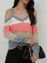 Chic Striped Long Sleeve Cold Shoulder Sweater - Soft, Cozy, Relaxed Fit Pullover for Women - Casual, Versatile, and Comfortable Winter Clothing