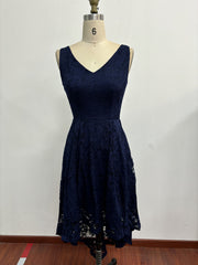 Solid Lace Asymmetrical Hem Dress, Elegant Sleeveless Aline Tank Dress For Wedding Party, Women's Clothing
