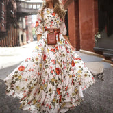 Ingvn - Vintage Women Floral Printing O-Neck Sweet Long Party Dress Summer Three Quarter Sleeve Ladies Dress Fashion Elegant Streetwear