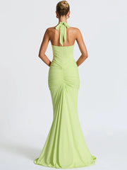 Deep V Neck Backless Ruched Sexy Maxi Dress Women Gown Summer Halter Sleeveless Draped Club Party Long Dress