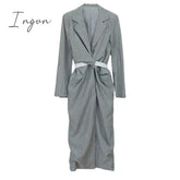 Ingvn - Women Gray Pleated Knot Long Elegant Dress New V-collar Long Sleeve Loose Fit Fashion Tide Spring Summer 2023