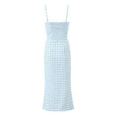 Summer Women Sexy Thin Straps Blue White Plaid Sling Dresses Midi Long Pencil Dress Holiday Robe