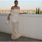 Mesh Patchwork Strapless Sexy Maxi Dress For Women Fashion Off-shoulder Backless High Waist Ruched Slim Party Dress Summer 2025