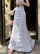 Print Vintage Long Skirt Women Casual Ruffles England Sweet Trumpet Skirts Retro Lace Up Elegant Female Design Long Skirt