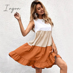 Ingvn - 2023 Summer European and American Women's Loose Casual Splice Contrast Ruffled Sleeveless Tank Top Dress
