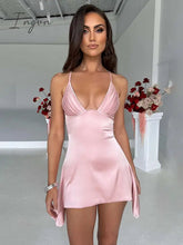 Ingvn - Satin Spaghetti Strap Sexy Mini Dress Women Robe Summer New Deep V Neck Sleeveless backless Club Party Dress Vestido