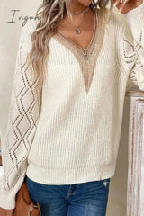 Ingvn - Casual Simplicity Solid Lace V Neck Tops