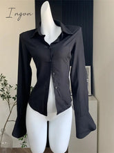 Ingvn - Women Retro Solid Color Slim Chiffon Shirt Turn-down Collar Flare Sleeve Tunic Bandage Design Female Blouses 2023 Spring Summer