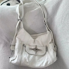 INGVN Y2k Large Capacity Shoulder Bag White Pu Leather Cross Handbag American Style Punk Goth Fashion Simple Designer Handbag