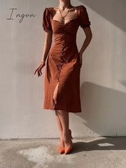 Ingvn - Sexy Fashion V Neck Button Puff Sleeve Dress Women Summer Elegant Black Slim A-line Slit Party Dresses Casual Midi Dress