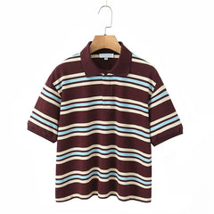 Women American Retro Contrasting Striped T Shirt Women Polo Collar Short Sleeve Preppy Vintage Tees Y2K Tops
