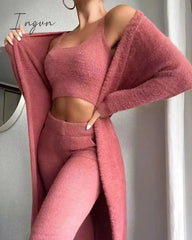 Ingvn - Brand quality Autumn Winter Fur 3 Piece Outfits Sexy Backless Crop Tops Women Lingerie Home Service Lounge Wear Sets Tracksuit Fleece Pyjamas