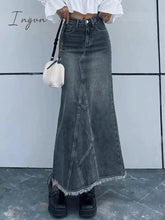 Ingvn - Back Slit Patchwork Long Denim Skirt