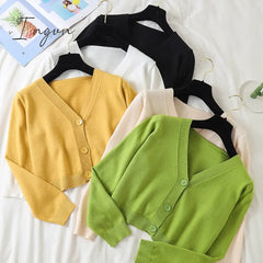 Ingvn - Spring Newly Green Cropped Cardigans Women Loose Ladies Short Knitted Sweaters Long Sleeve V neck Solid Chic Streetwear