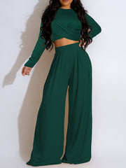 Chic Solid Twist Front Crop Top & Wide Leg Pants Set - Effortlessly Stylish Two-piece Outfit for Women - Casual Everyday Wear