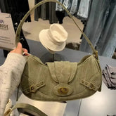 Ingvn - Y2k Vintage Shoulder Bag American Street Style Rivets Green Canvas Handbag Gothic Punk Biker Cool Designers Underarm Bag