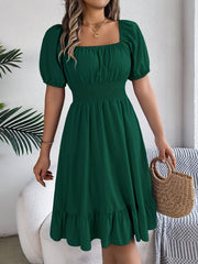 Solid Puff Sleeve Square Neck Waist Dress, Elegant Ruched Bust Ruffle Hem Dress, Women's Clothing Wedding graduation engagement occasion ceremony party holiday vacation birthday
