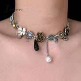 Punk Bramble Rose Choker Necklace for Women Chinese Style Unusual Pearl Beaded Neck Chain Y2K Fashion Aesthetic Jewelry