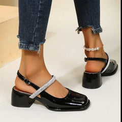 Women's Sandals Thick Heel Square Toe Classic Female Mary Jane Shoes Design Elegant Shallow Single Shoes Patent Leather