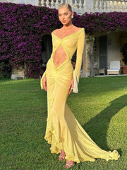 Ingvn Woman Elegant Hollow Out Long Maxi Vacation Dress Summer V-neck Ruffles See-through Formal Occasion Evening Party Dresses