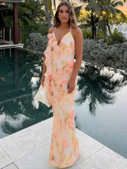 Halter Print Ruffle Sexy Maxi Dress Women Gown Summer New Fashion Sleeveless Backless Ruched Beach Club Party Dress
