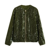 Ingvn O-neck Sequins Bomber Jackets for Women Autumn Fashion Zip-up Long Sleeve White Coats Streetwear Female Tops Outerwears