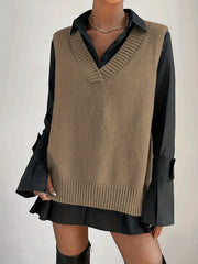 Plus Size Women's Solid V Neck Casual Sweater Vest - High Low Hem, Slight Stretch, Knit Fabric, Comfortable Fit