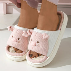 Ingvn Cute Cartoon Pig Hemp Slippers Women Winter Comfort Soft Sole Funny Cotton Slippers Woman Non Slip Flat Heels House Shoes