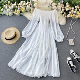 Ingvn - New Spring Autumn Dresses for Women Women Elegant Holiday Dresses Puff Sleeve Slash Neck Off Shoulder Smocked White Chiffon Dresses