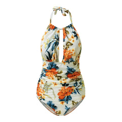 Tie Waist Floral One-piece Swimsuit Women Sexy Backless Halter Monokini Swimwear New Girl Beach Bathing Suits