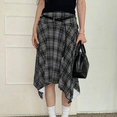 Preppy Style Plaid Print Skirt Grey Low Rise Loose Irregular A-line Midi Skirts Women Harajuku Clothes y2k Streetwear New